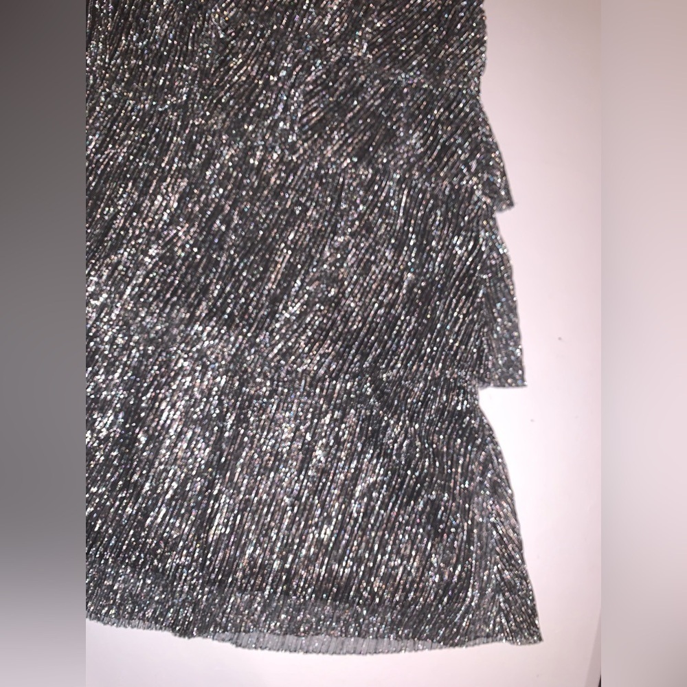 Lulus Glowing Gorgeous Silver Metallic Sparkly Shiny Tiered Mini Dress 4 Flaw - Picture 7 of 13